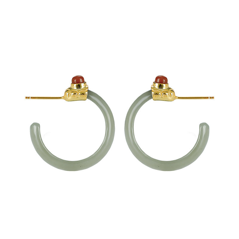 S925 silver inlaid and tian white jade blue jade southern red agate embellishment circular ring C-shaped buckle earrings