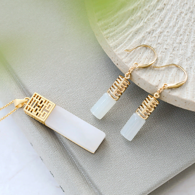 S925 Silver-plated Hetian White Jade Double Happiness Earrings Necklace Set