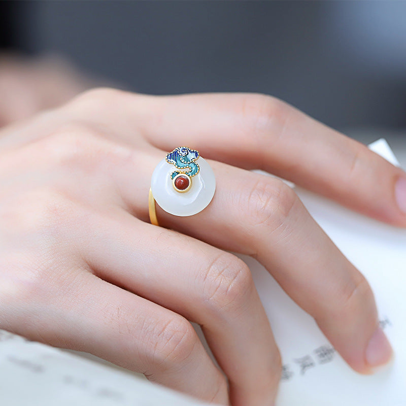 S925 silver gilt inlaid Hotan Jade enamel color auspicious cloud earrings ring bracelet pendant