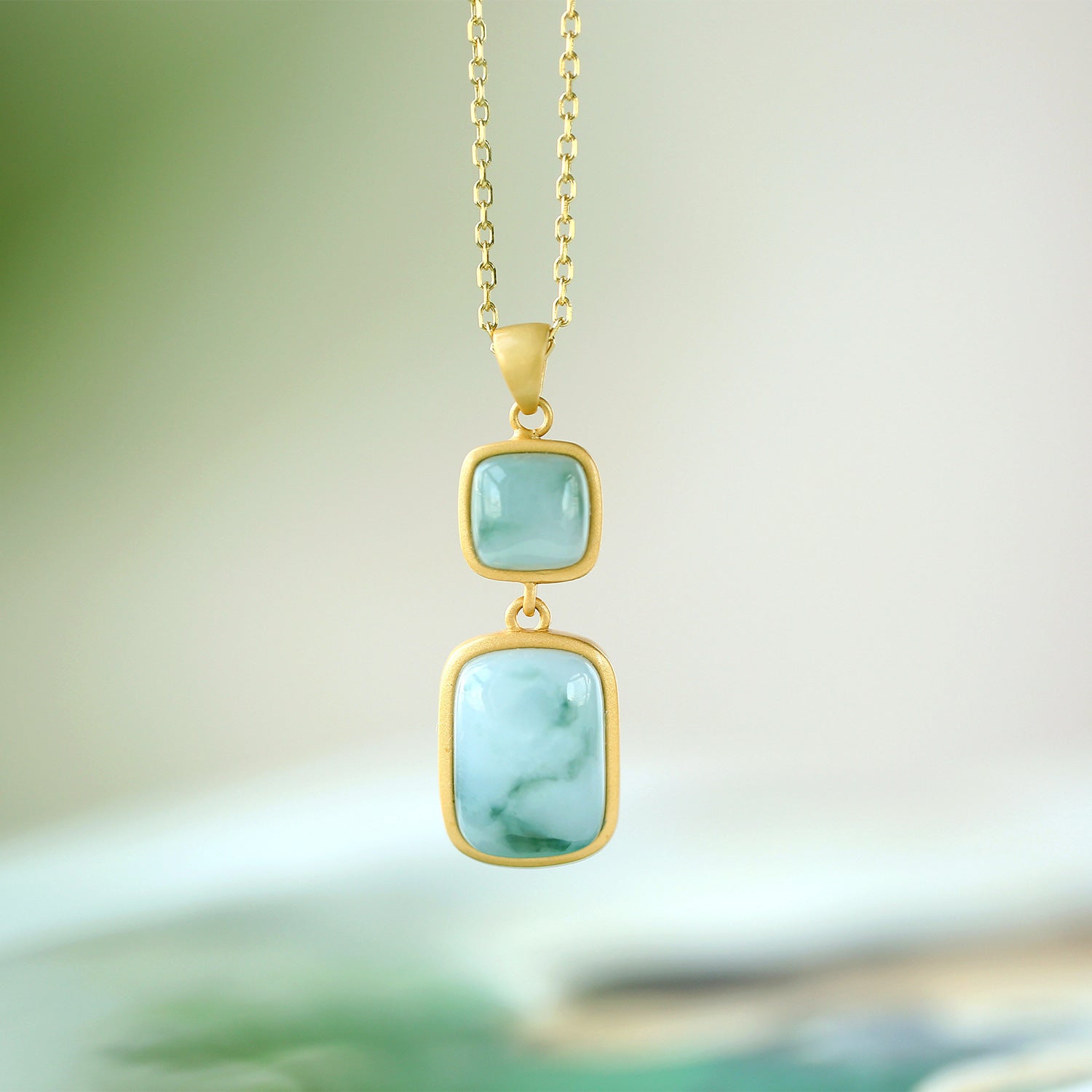 S925 sterling silver gold-plated inlaid jadeite geometric square minimalist pendant pendant