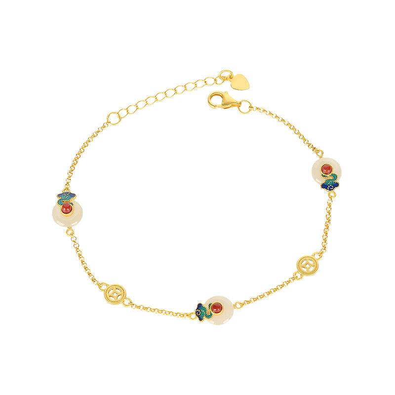 S925 silver gilt inlaid Hotan Jade enamel color auspicious cloud earrings ring bracelet pendant