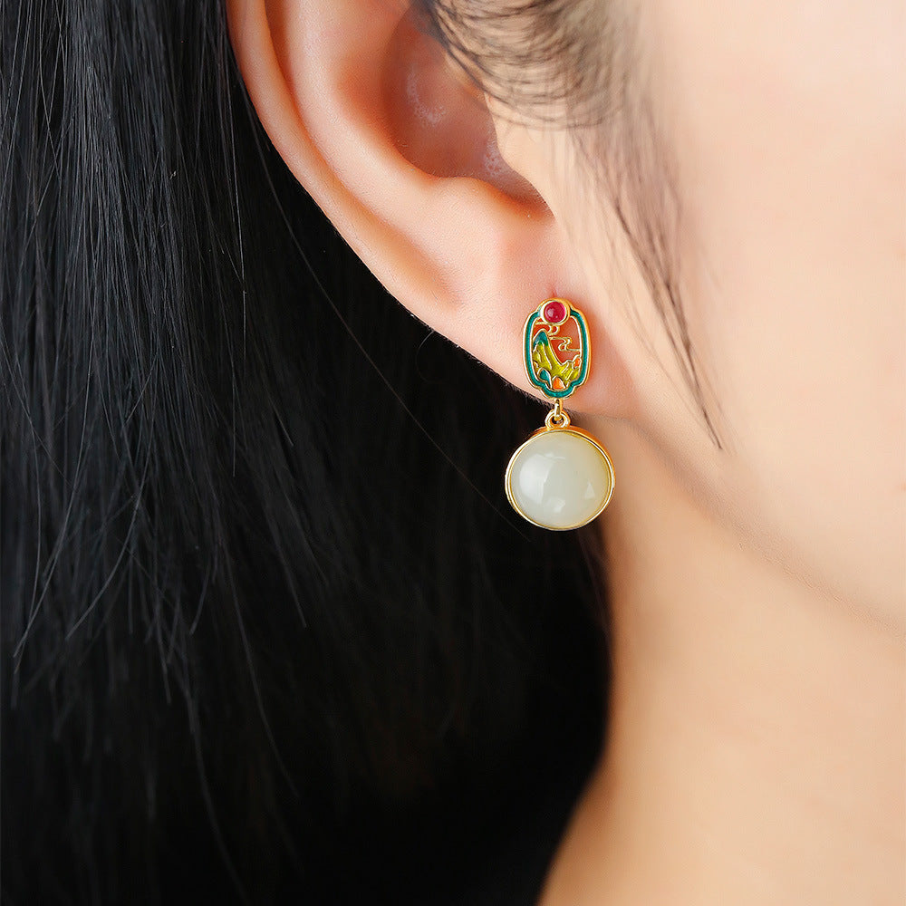 S925 silver inlaid Hetian jade sapphire earrings earrings simple and exquisite