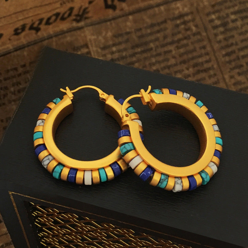 [DF]Copper plated genuine gold, European and American retro contrasting geometric circular earrings, niche earrings, high-end natural stone earrings