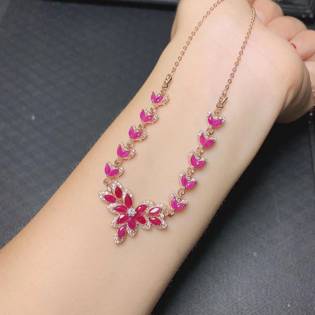 DF Vintage Natural Ruby Necklace with 925 Silver Setting - European and American Style