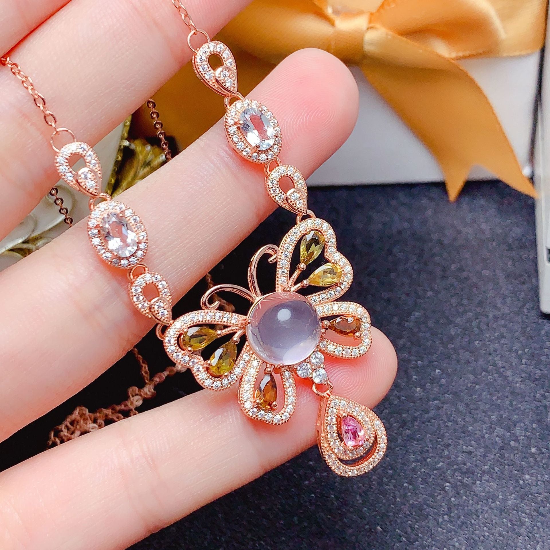 925 silver inlaid natural powder crystal tourmaline necklace for women