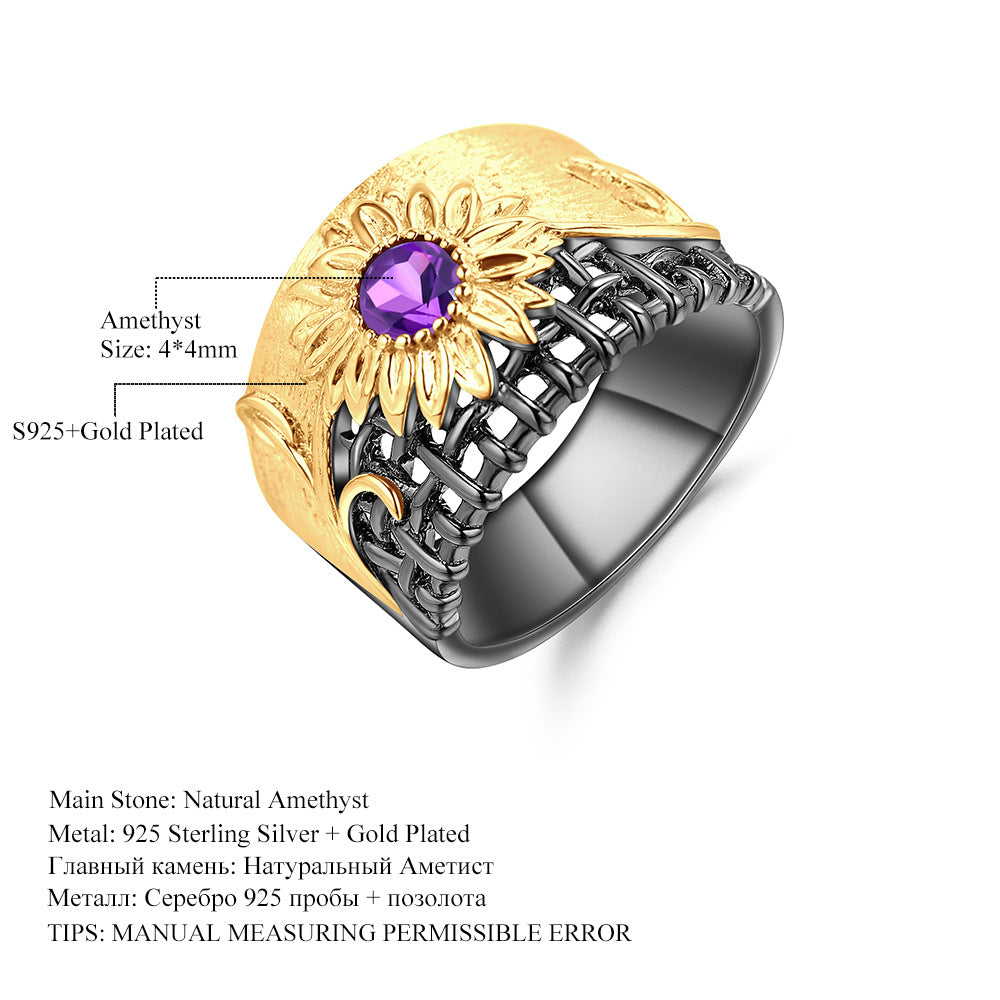 Italian craft designer ring in ancient style other shore flower design 925 silver natural amethyst ring