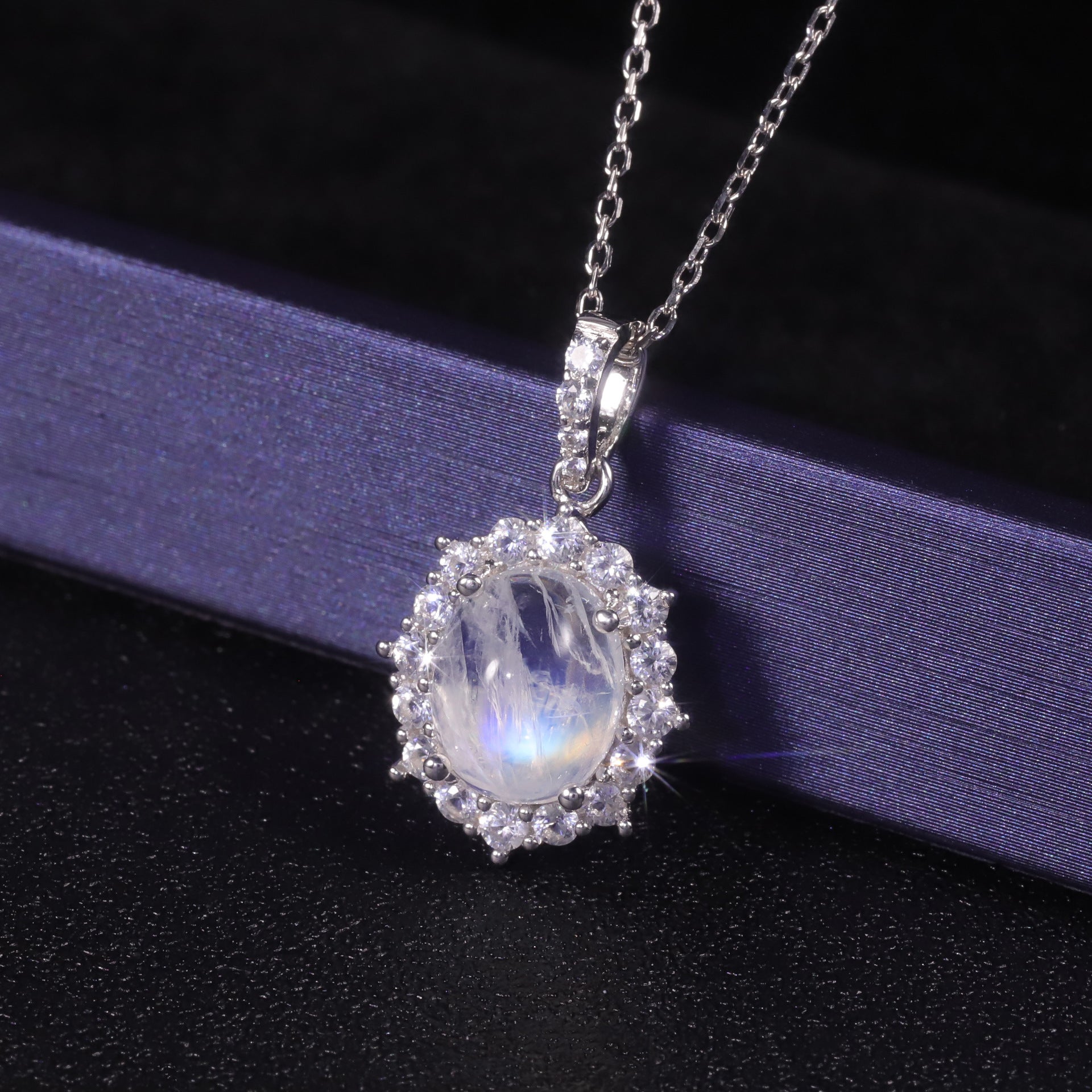 Ensemble de pendentif en pierre de lune naturelle en argent pur S925 Bague en pierre de lune bleu crème