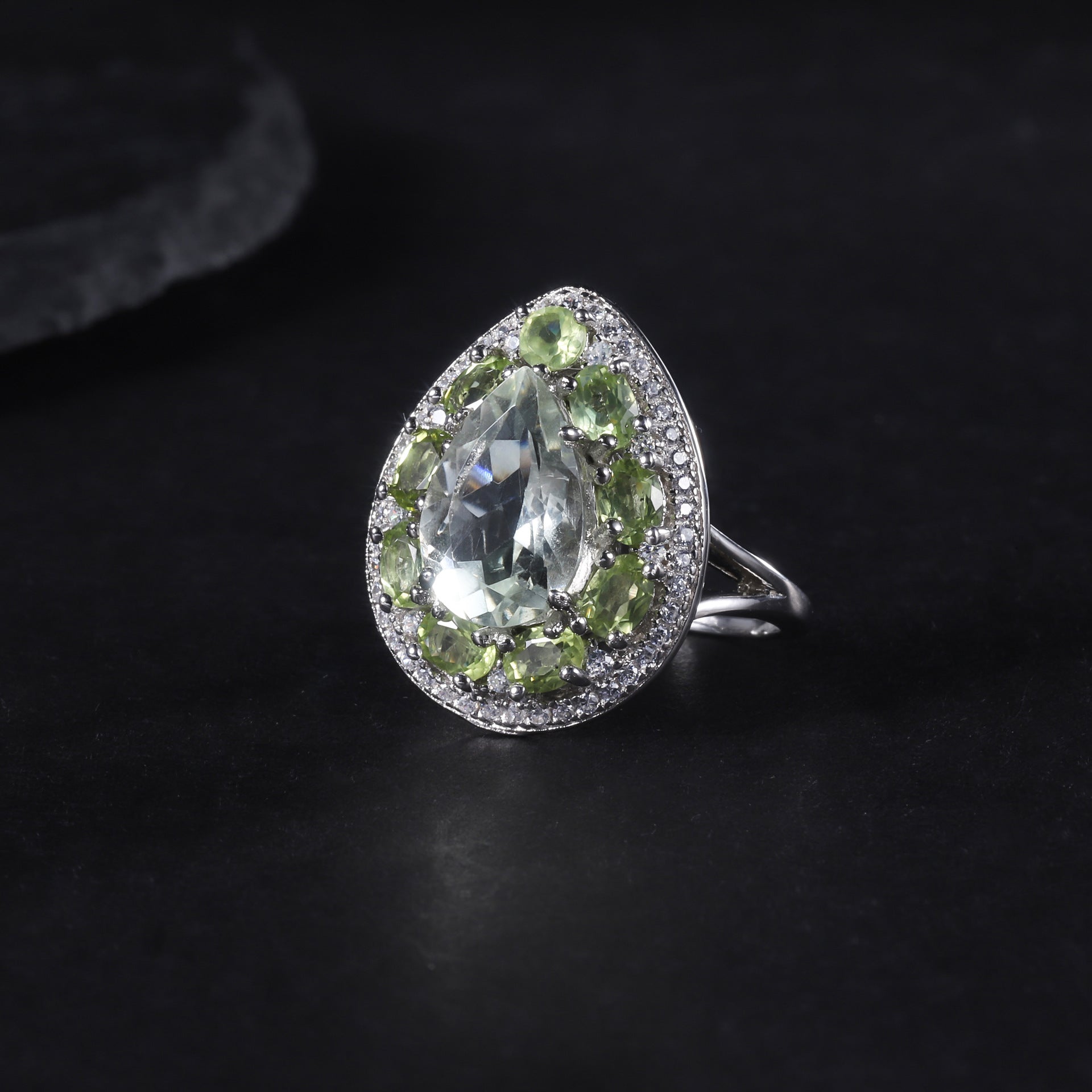 Bague en argent S925 avec améthyste verte olivine naturelle sertie d'un anneau de trésor naturel