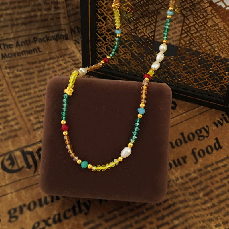 [DF]Small niche design, Bohemian style, contrasting glass bead necklace, temperament, personality, cultured pearl collarbone chain