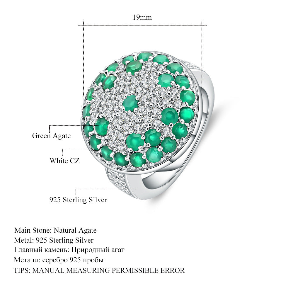 Retro colored gems green agate ring s925 silver inlaid rock crystal ring