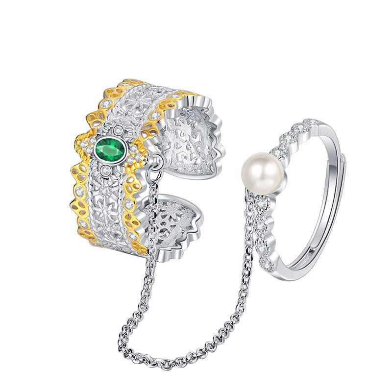 Sterling Silver S925 Antique Gold Silver Two tone Emerald Double Layer Combination Chain Pearl Chain Ring