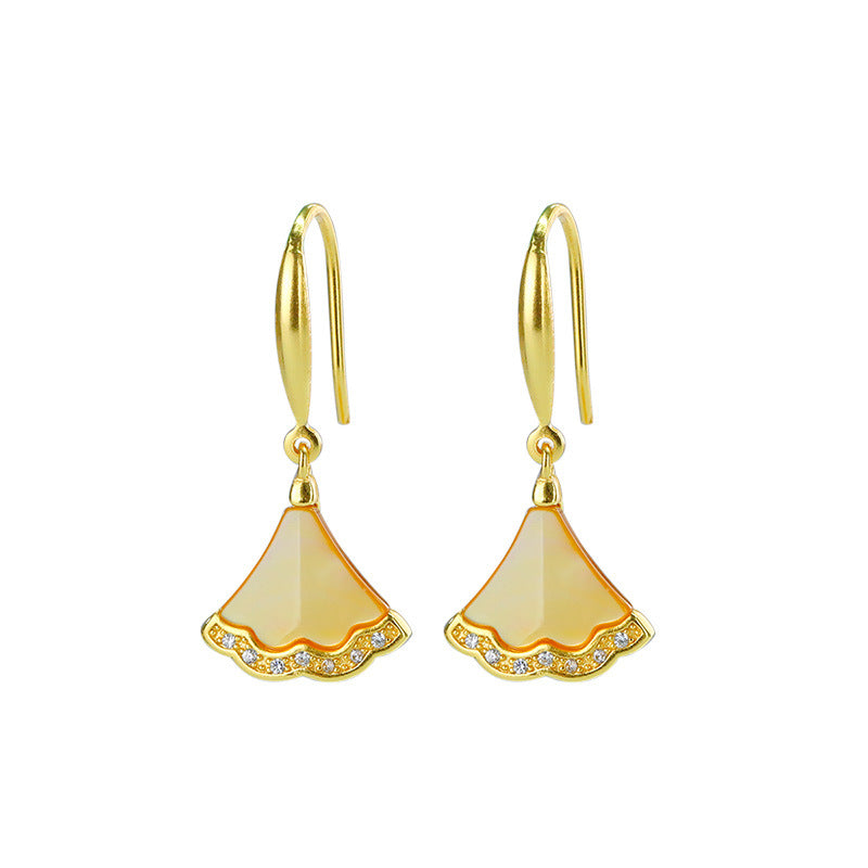 S925 Silver Plated Gold Inlaid Gold Shell Powder Bell Ear Hook Earrings Exquisite Fan Shaped