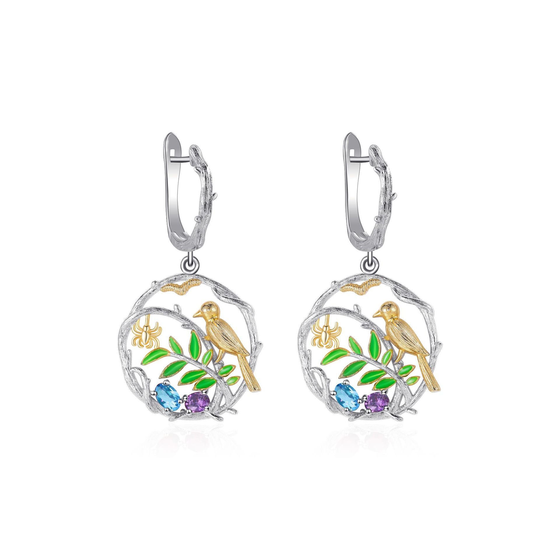 Boucles d'oreilles oiseaux en argent sterling S925, pierres précieuses de couleur naturelle