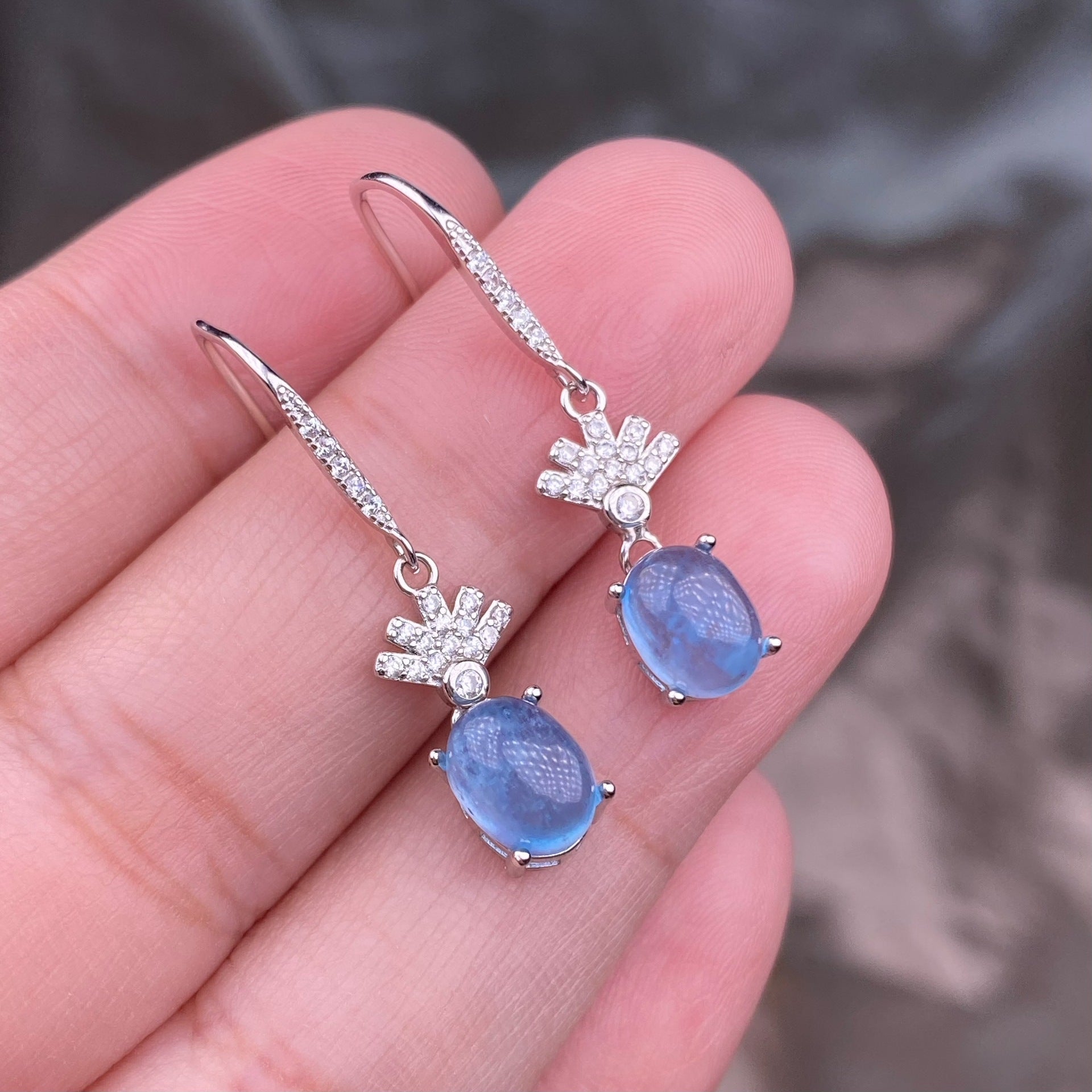 Aquamarine earrings s925 silver inlaid exquisite long ear hook  earrings