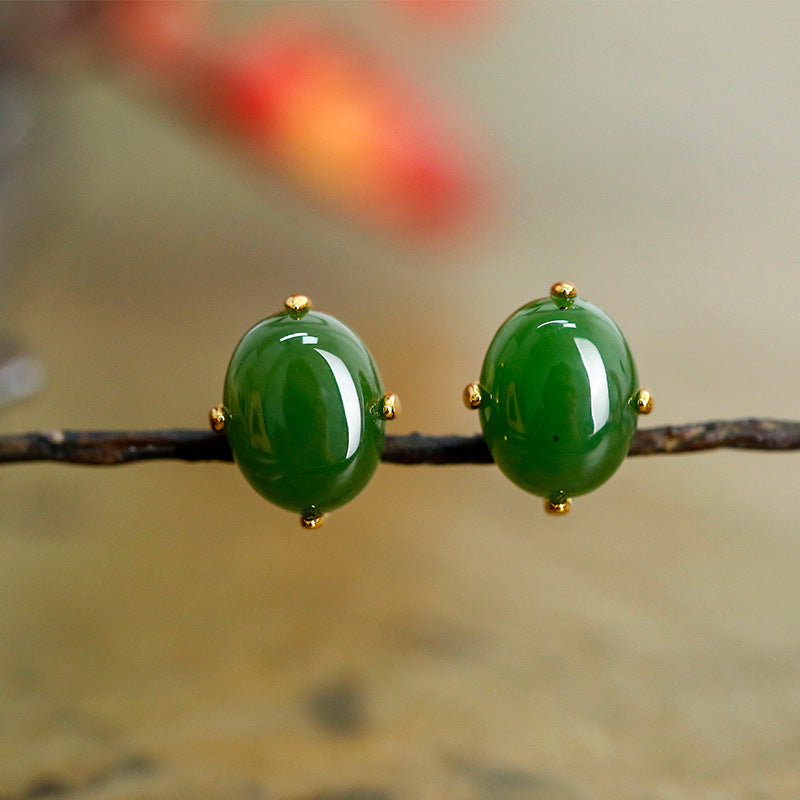 S925 Silver Plated Gold Inlaid Jade Natural Jade Classic Simple Earrings