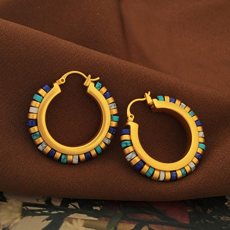 [DF]Copper plated genuine gold, European and American retro contrasting geometric circular earrings, niche earrings, high-end natural stone earrings