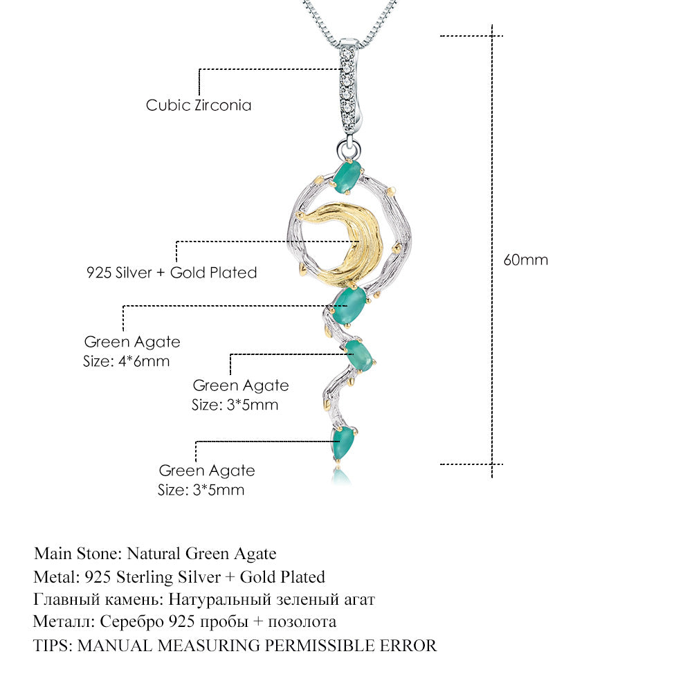 Colgante de collar de ágata verde con incrustaciones de plata esterlina S925 de viento natural