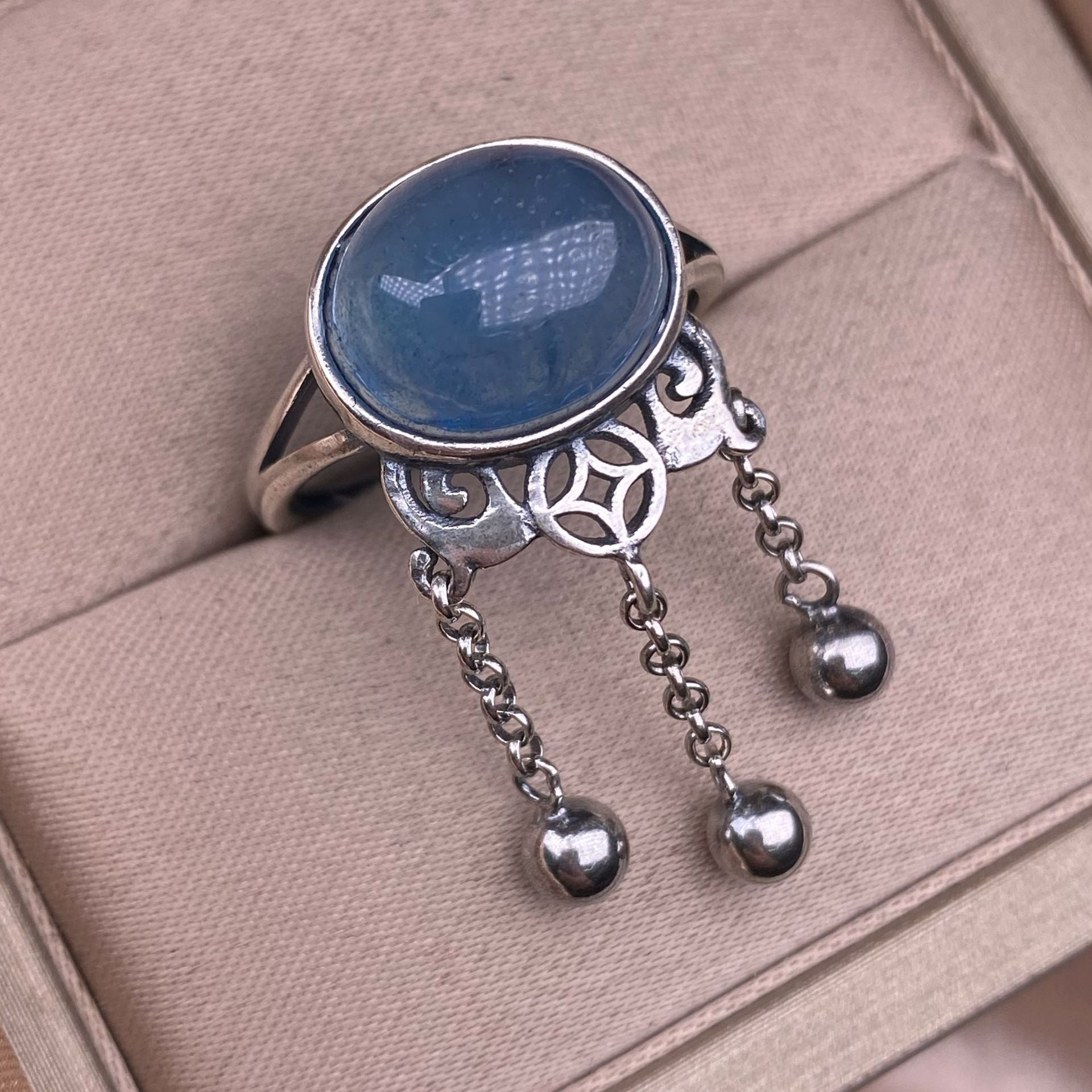 Aquamarine blue moonstone ring s925 silver inlay