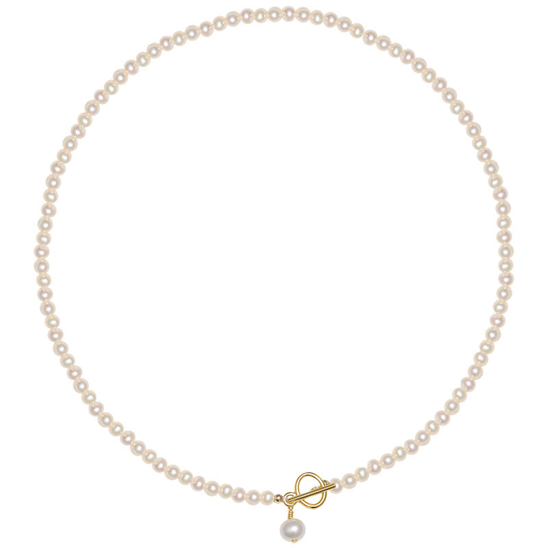 [DF]Swan Neck French Baby Freshwater Pearl Necklace - Vintage 14K Gold Plated with OT Clasp, Fashionable Collarbone Chain for Women