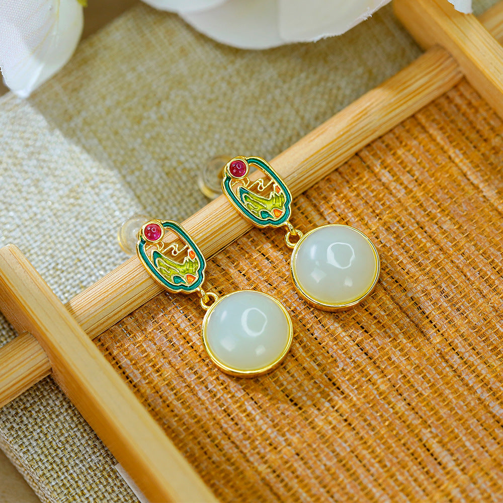 S925 silver inlaid Hetian jade sapphire earrings earrings simple and exquisite