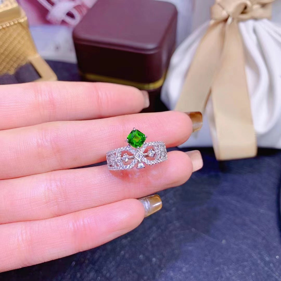 Anillo de diópsido natural, versión ancha, temperamento de moda, anillo de mujer, boda de compromiso, regalo de San Valentín, anillo estilo corte