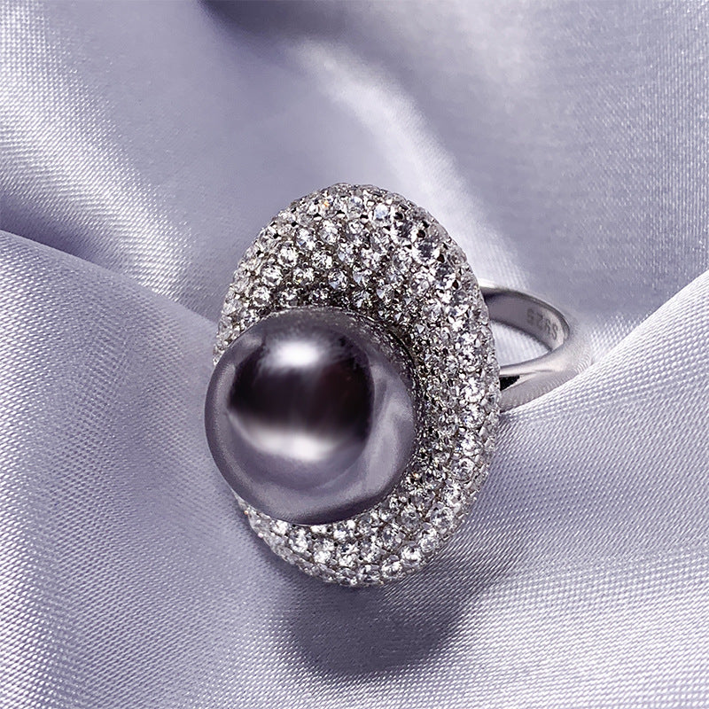 S925 Silver Inlaid Shellfish Pearls Vintage Grey Beads Jewelry Set 14mm12mm