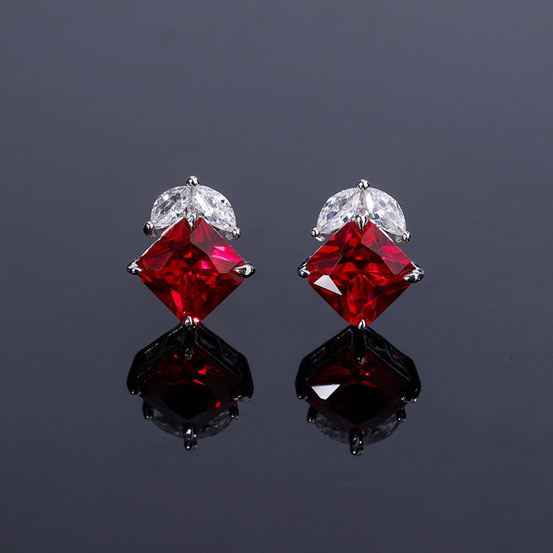 Bijoux en argent S925, Simulation de carré de trésor rouge et bleu, ensemble de Style quotidien Simple pour femmes 9*9-6*6