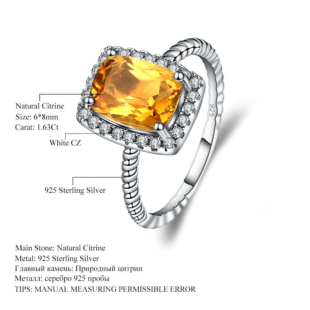 Light Luxury Natural Colored Treasure Ring with Personalized Temperament s925 Silver Inlaid Natural Yellow Crystal Ring