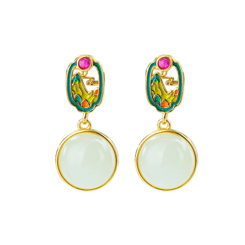 S925 silver inlaid Hetian jade sapphire earrings earrings simple and exquisite