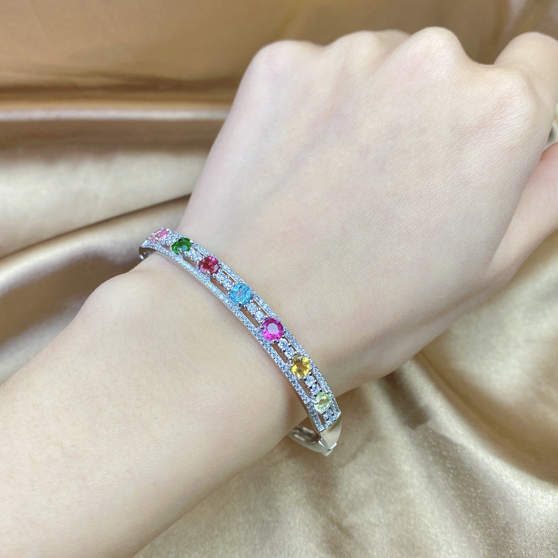 Brazil tourmaline Candy-colored bracelet feminine Joker light luxury wind bracelet s925 silver inlaid gemstone jewelry