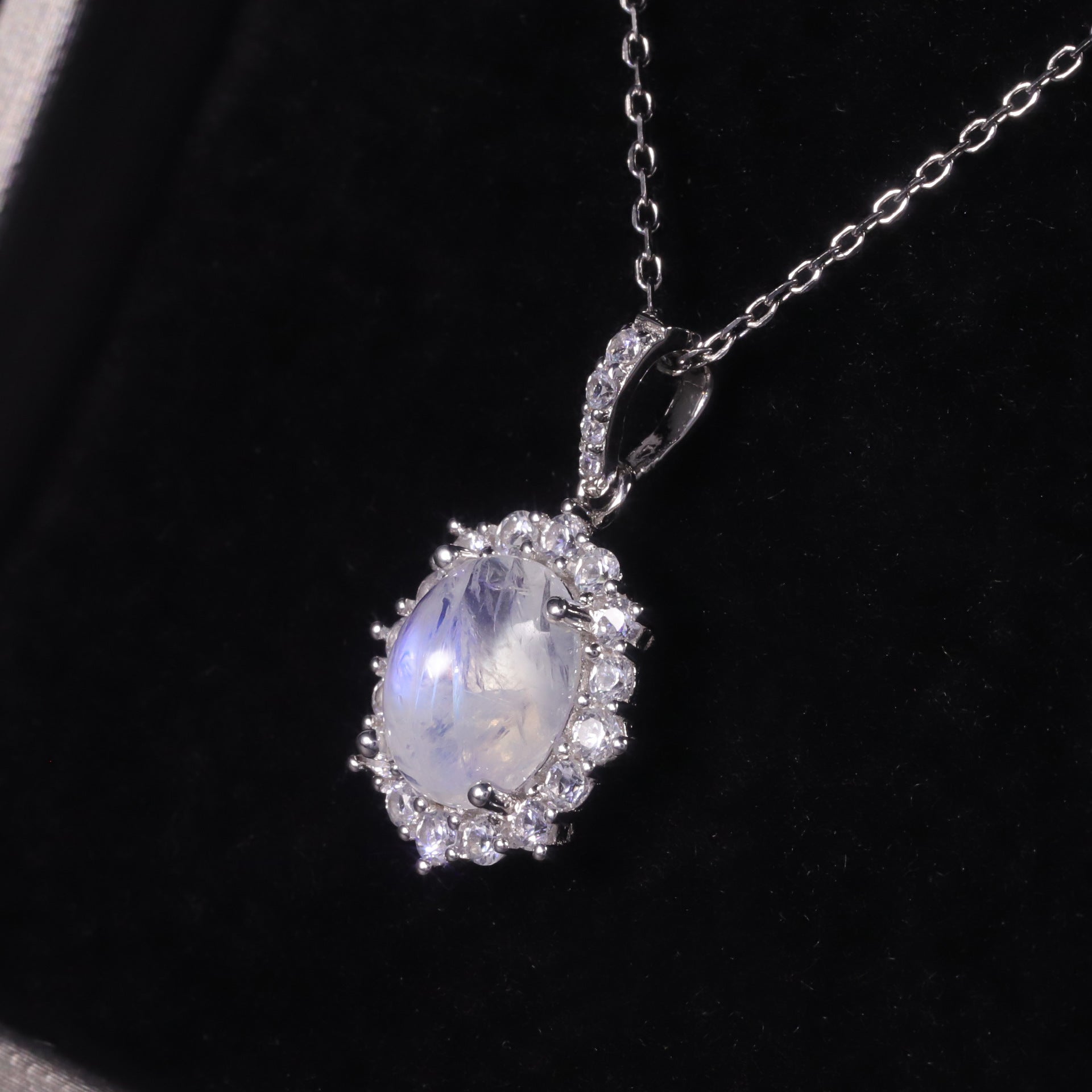 Natural Moonlight Stone Ring Pendant Set S925 Pure Silver Cream Blue Moonlight Stone Ring