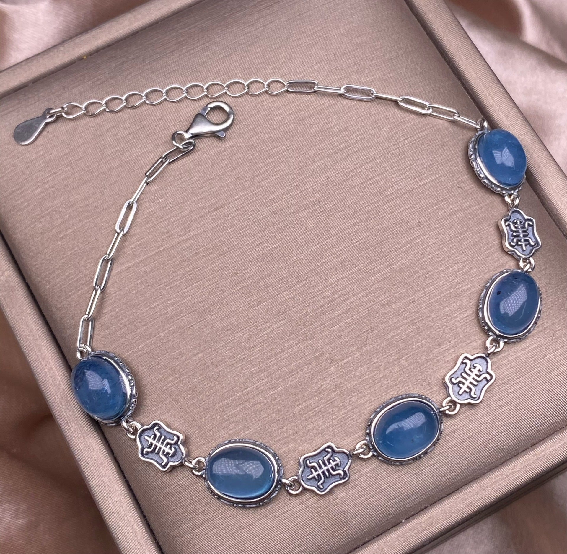 Aquamarine bracelet s925 silver inlaid retro exquisite multi-particle jewelry