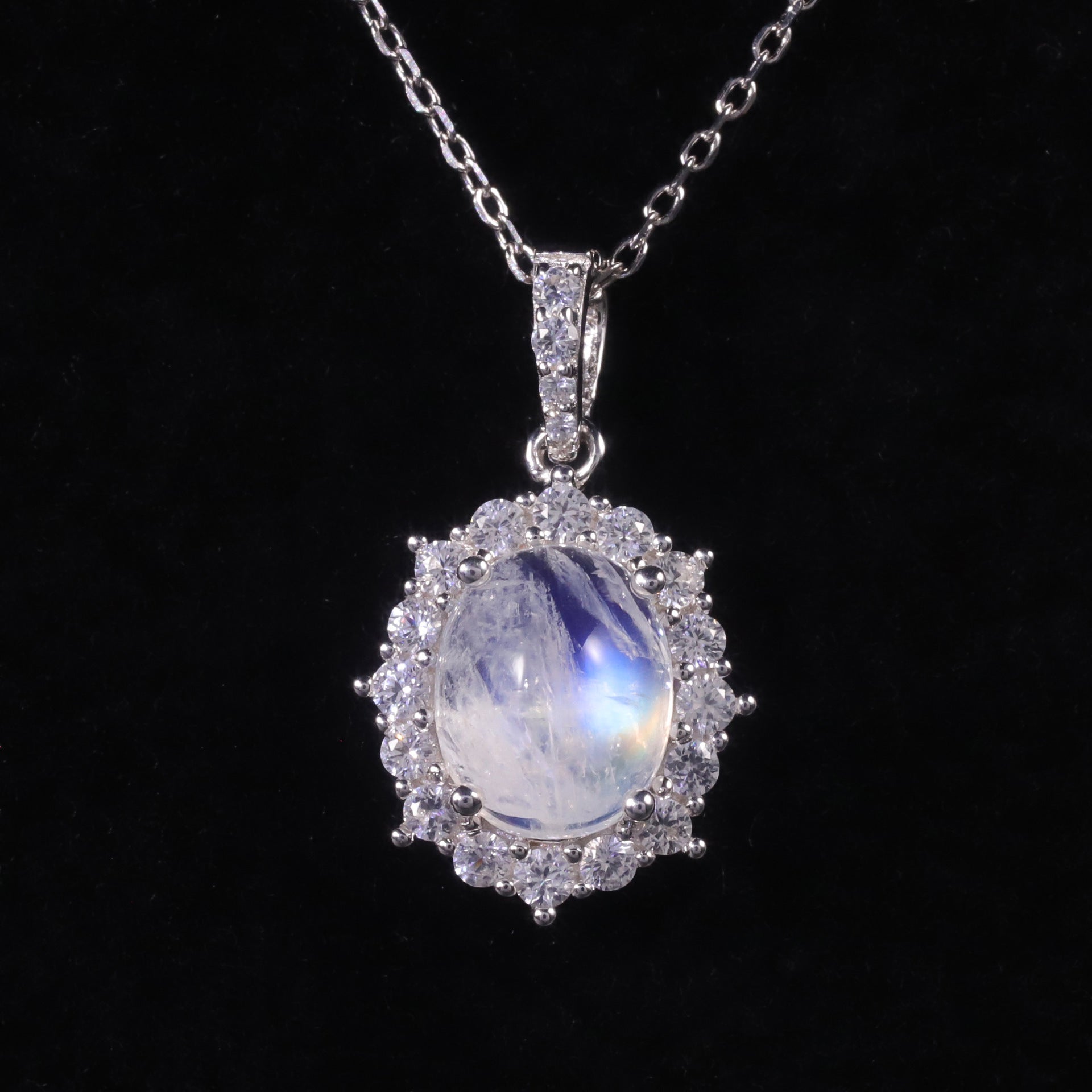 Ensemble de pendentif en pierre de lune naturelle en argent pur S925 Bague en pierre de lune bleu crème