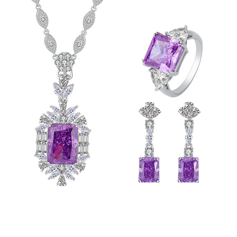 S925 perfect silver high carbon diamond simulation purple diamond pendant ring earrings set