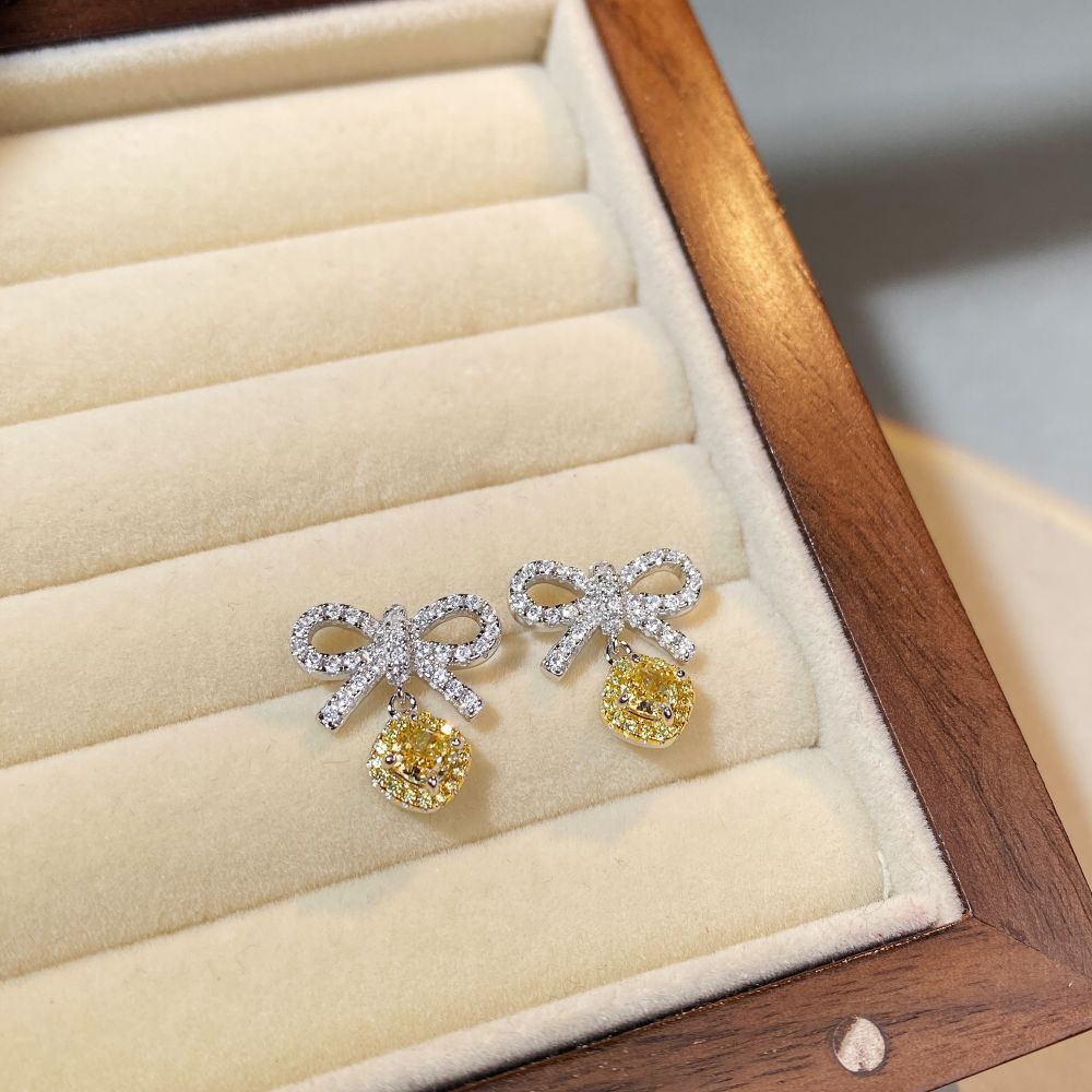 Pendientes de plata de ley 925 con lazo y diamantes rosas estilo dulce.