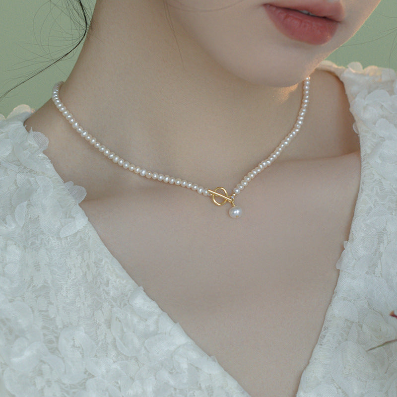 [DF]Swan Neck French Baby Freshwater Pearl Necklace - Vintage 14K Gold Plated with OT Clasp, Fashionable Collarbone Chain for Women