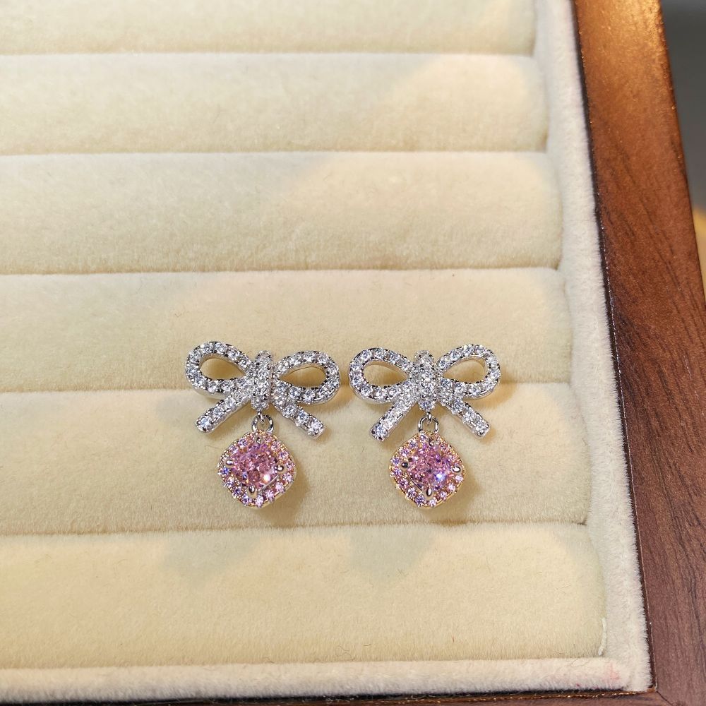 Pendientes de plata de ley 925 con lazo y diamantes rosas estilo dulce.