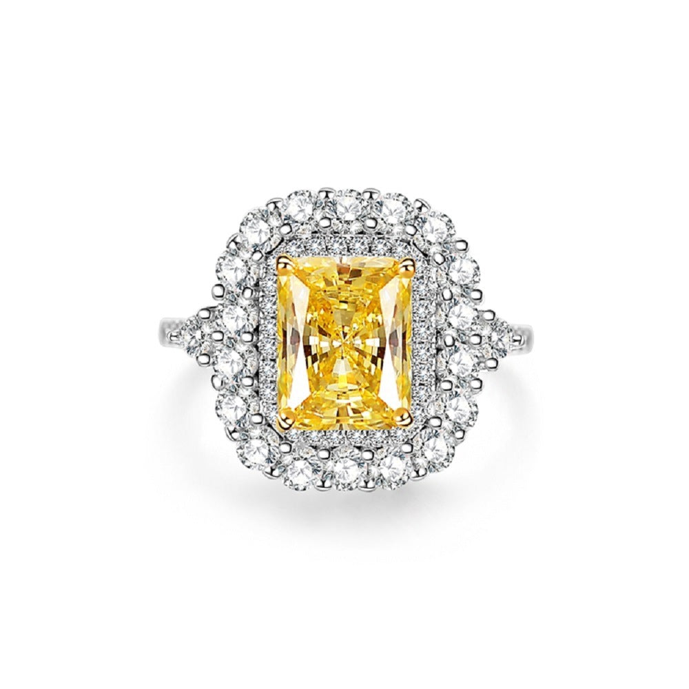 S925 Pure Silver Yellow Diamond Ring Women's Ice Flower 8A Zircon Ring Wedding Ring