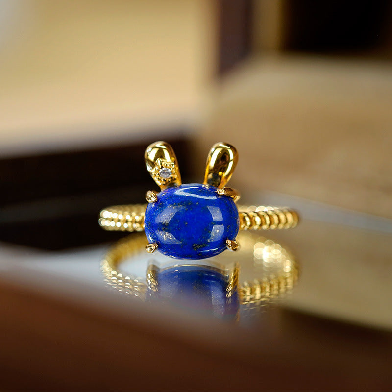 S925 Silver Gold Plated Lapis lazuli Rabbit Ring