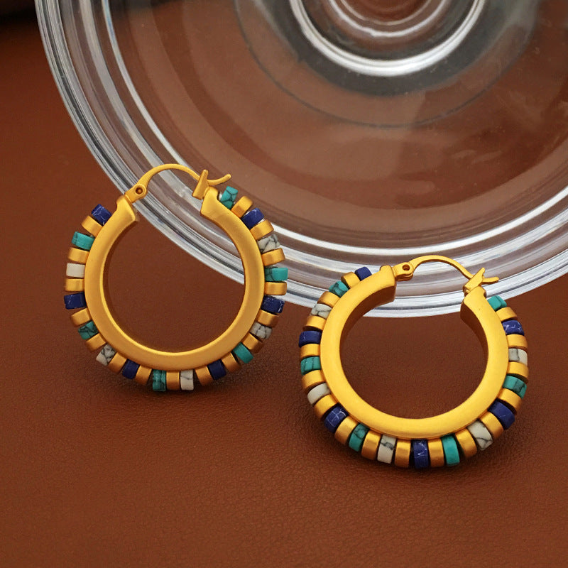 [DF]Copper plated genuine gold, European and American retro contrasting geometric circular earrings, niche earrings, high-end natural stone earrings