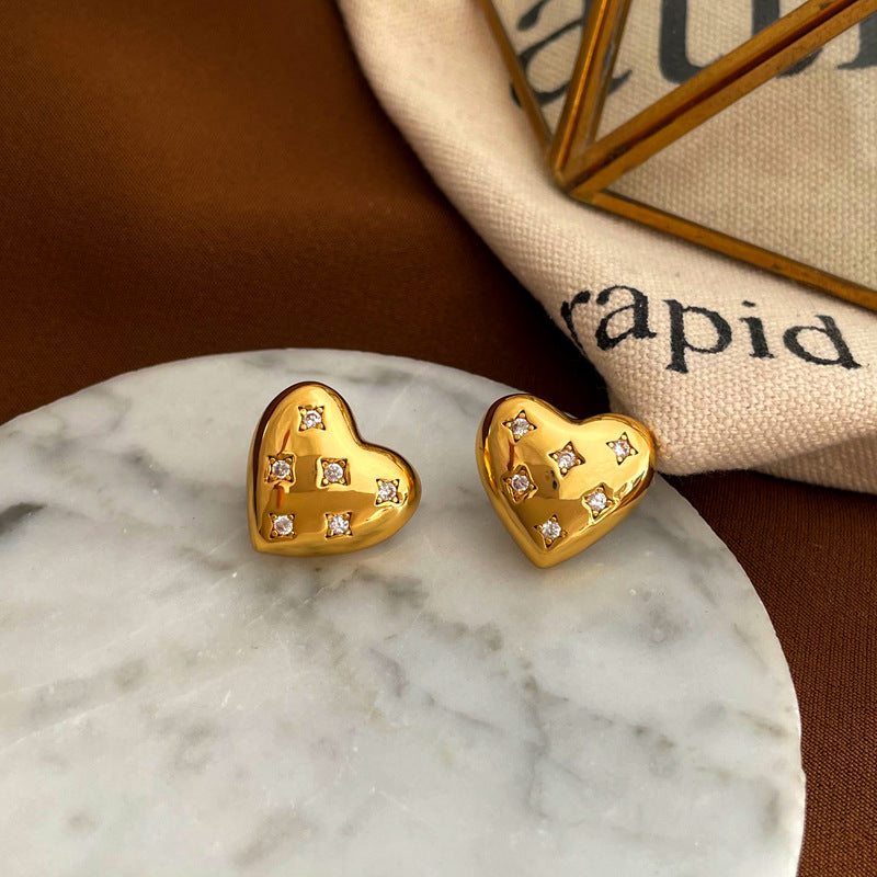 [DF] Boucles d'oreilles en forme de cœur japonaises et coréennes avec aiguille en argent véritable plaqué cuivre S925 avec boucles d'oreilles simples en zircone et boucles d'oreilles élégantes pour femmes