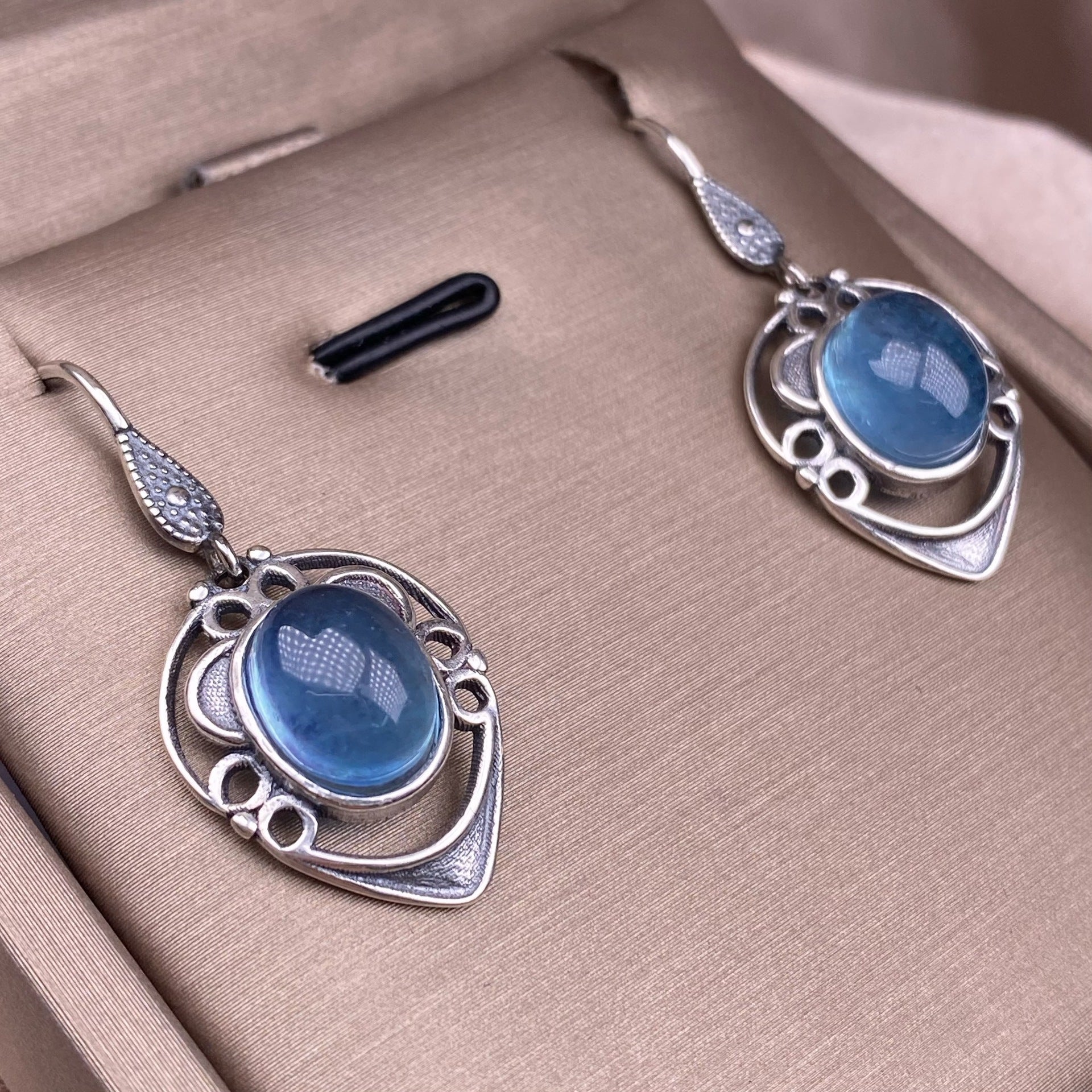 Aquamarine Moonstone Earrings S925 Silver Inlaid Vintage Silver Ear Hook