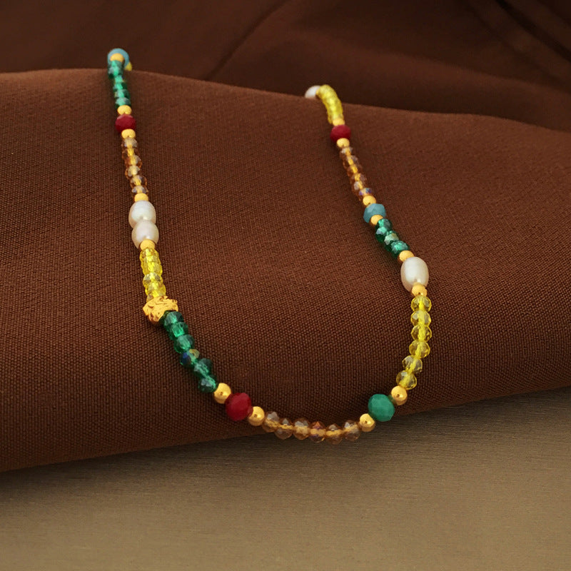 [DF]Small niche design, Bohemian style, contrasting glass bead necklace, temperament, personality, cultured pearl collarbone chain