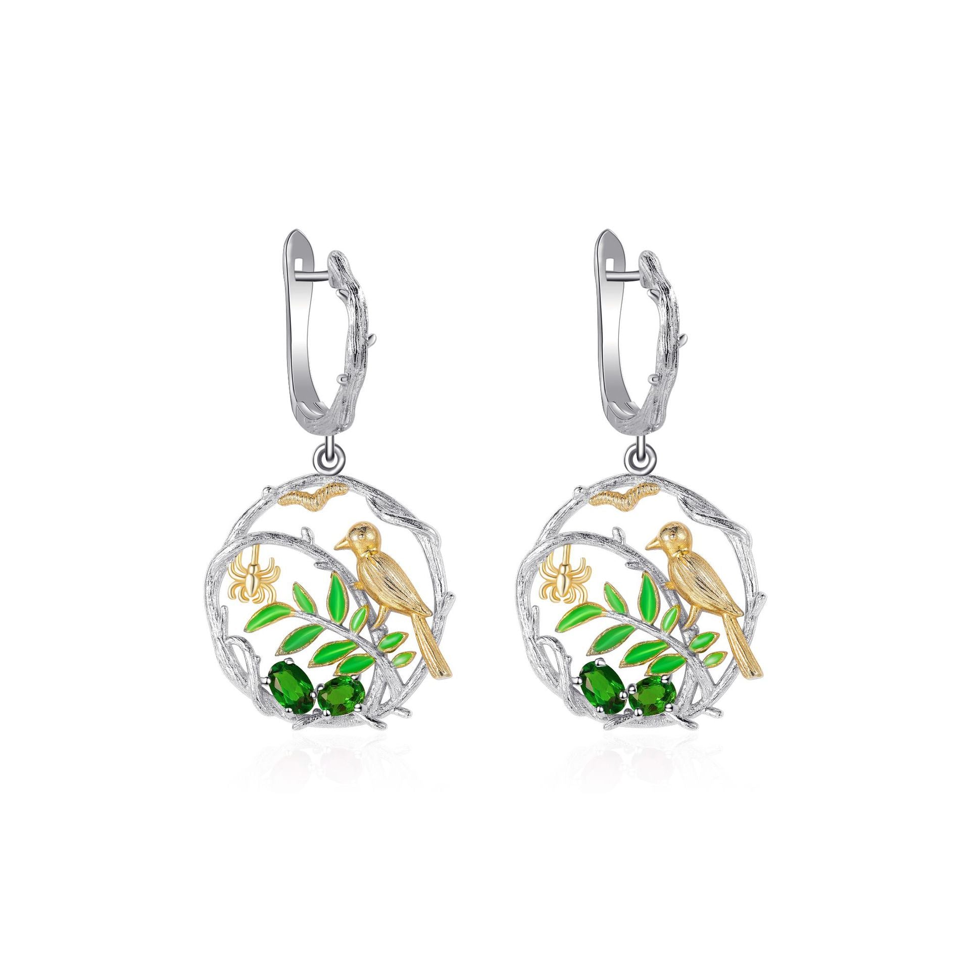 Boucles d'oreilles oiseaux en argent sterling S925, pierres précieuses de couleur naturelle