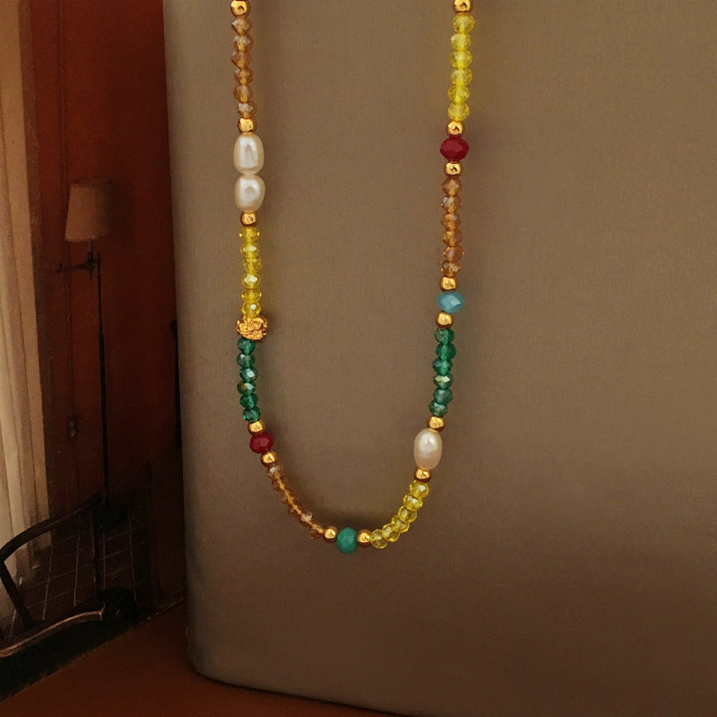 [DF]Small niche design, Bohemian style, contrasting glass bead necklace, temperament, personality, cultured pearl collarbone chain