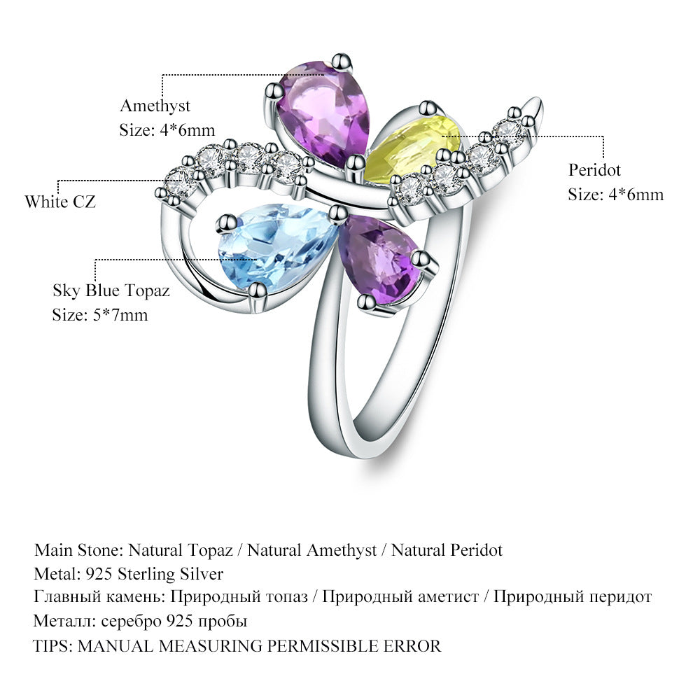 Light luxury and high-end natural gemstone ring with personalized design sense s925 sterling silver inlaid natural color treasure ring