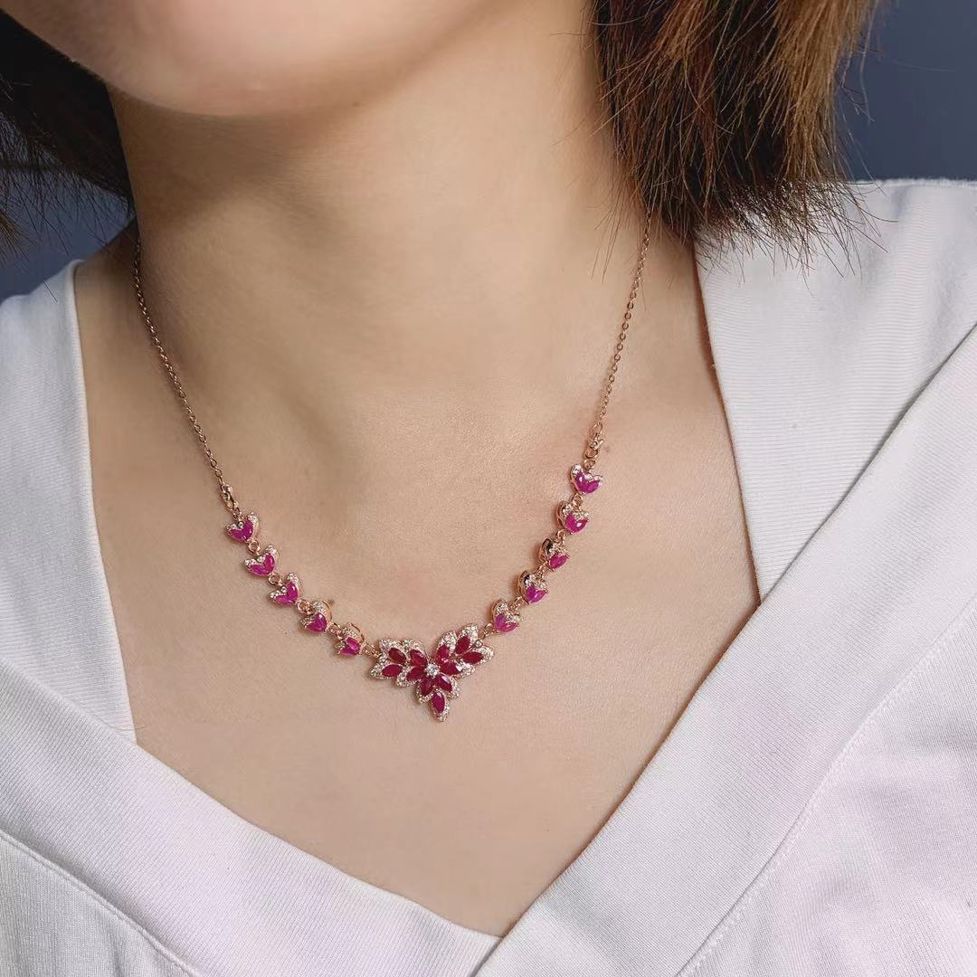 DF Vintage Natural Ruby Necklace with 925 Silver Setting - European and American Style