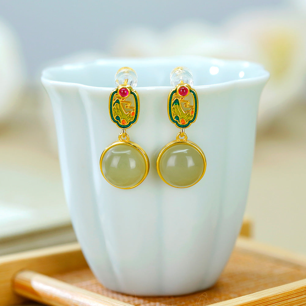 S925 silver inlaid Hetian jade sapphire earrings earrings simple and exquisite