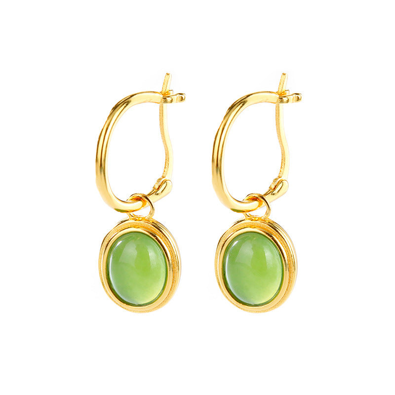 S925 Silver Plated Gold Inlay and Tian Bi Jade Egg Face Simple Ear Buckle