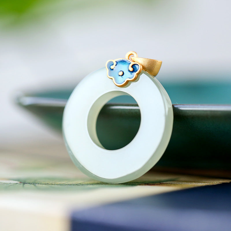 S925 silver inlay Hetian green jade personality atmosphere simple pendant